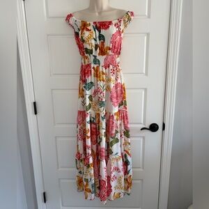 Abel the Label Anthropologie Floral Tiered Off Shoulder Smocked Maxi Dress Sz S